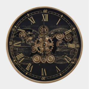 60cm Round Vasco Map Industrial moving cogs wall clock - Black w/Gold